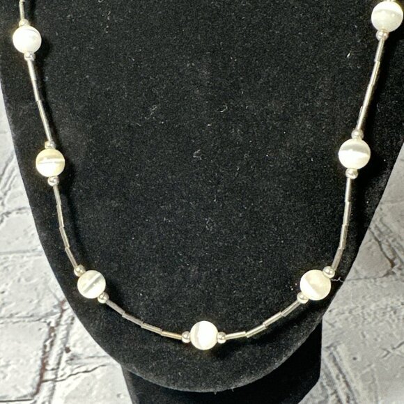 Vintage Silver Tube Bead Round White Cat Eye Glass Bead Necklace And Bracelet - Picture 3 of 13